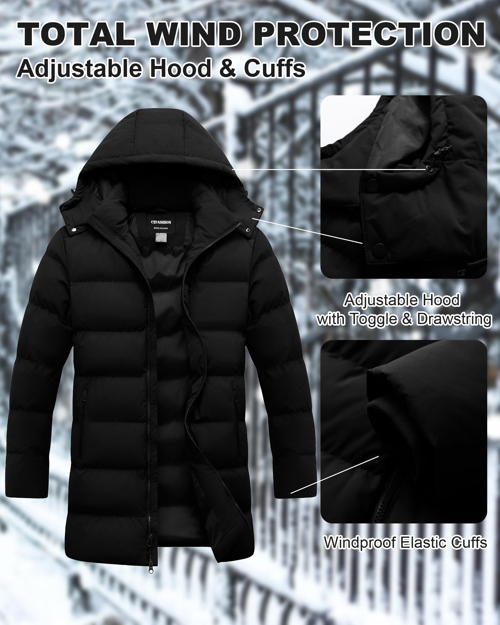 CTFASHION men's puffer jacket pocket studio showing secure storage for essentials.