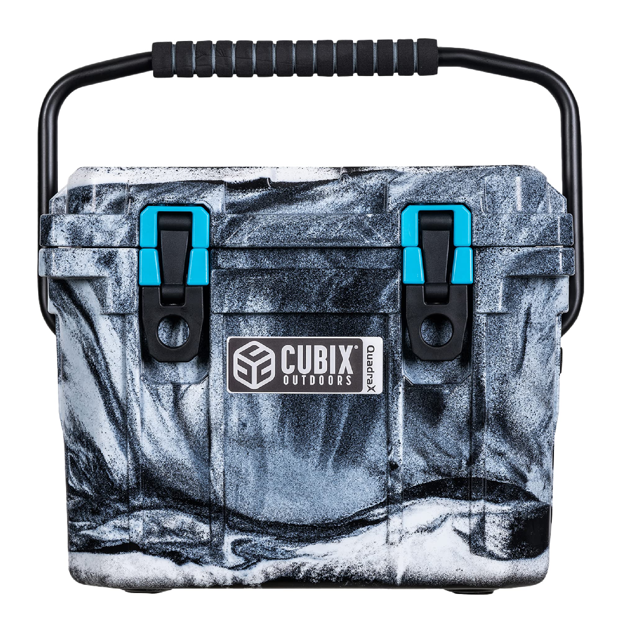 Cubix Outdoors QuadraX 10QT cooler in winter camo, ruggedly designed for camping trips.