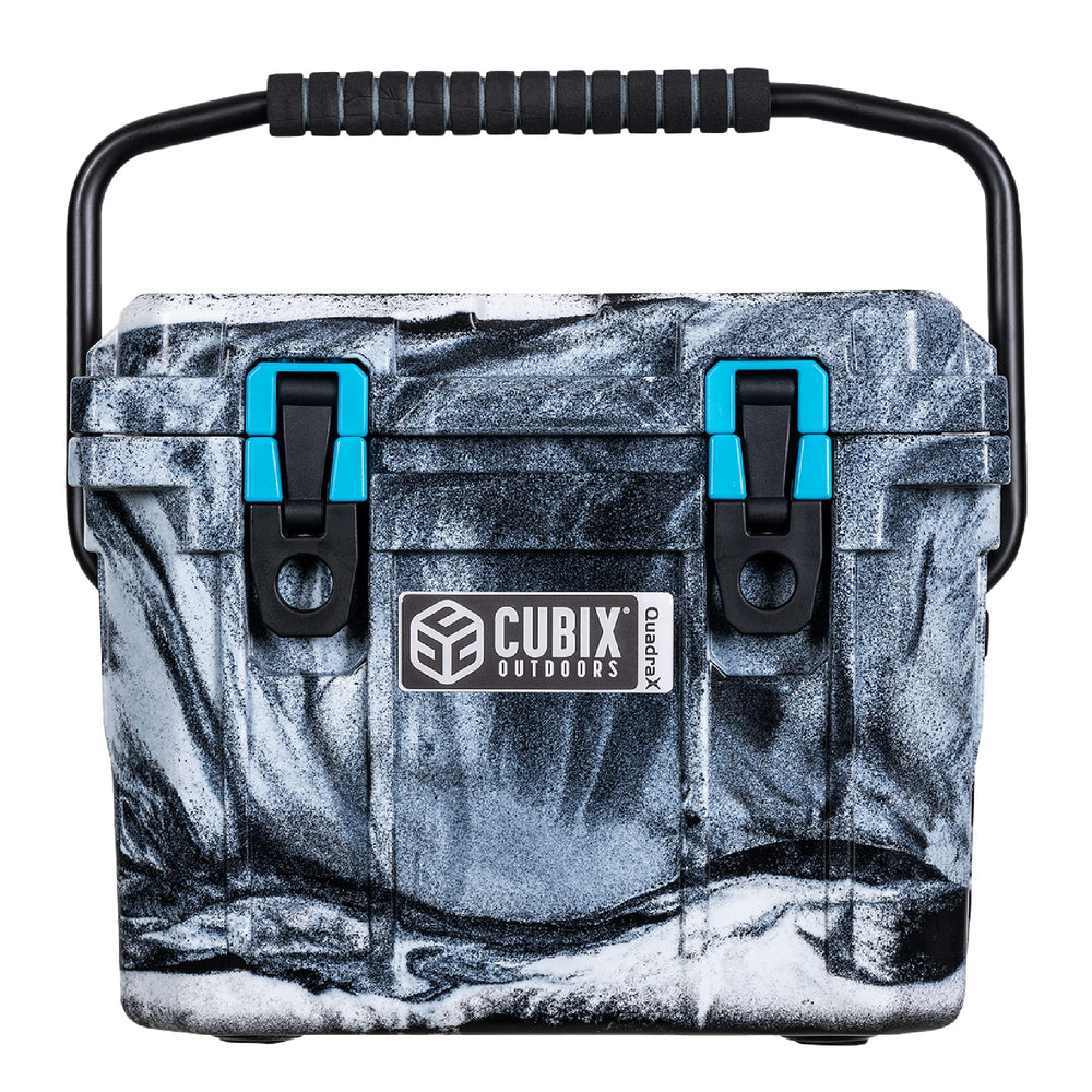 Cubix Outdoors QuadraX 10QT cooler in winter camo, ruggedly designed for camping trips.