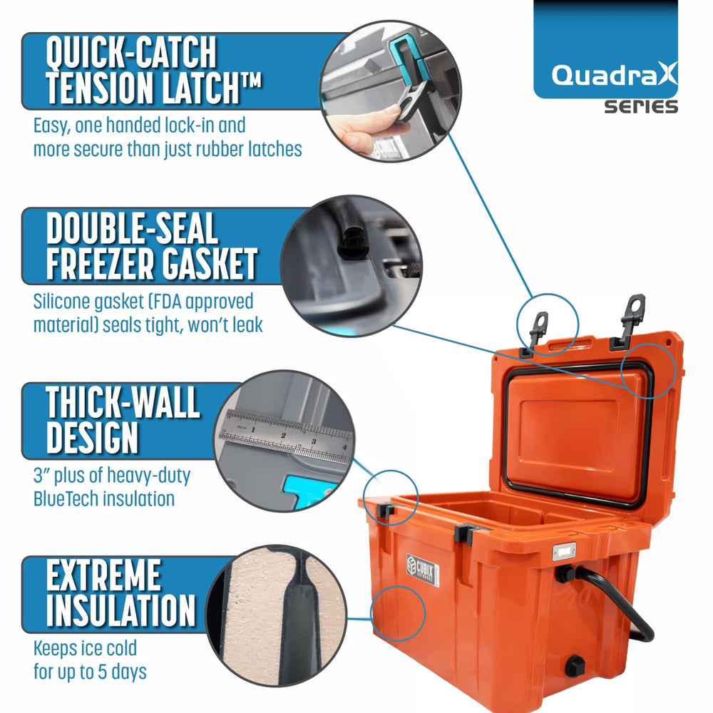 Cubix Outdoors QuadraX 20QT cooler with bottle opener on display.