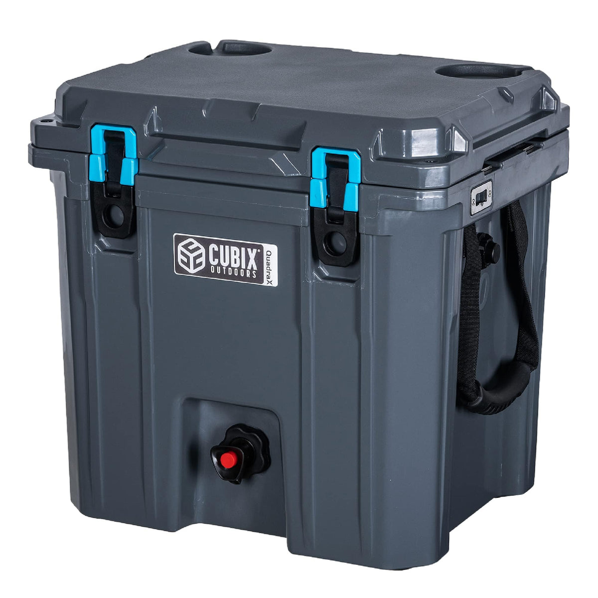 Cubix Outdoors Quadrax 5-gallon water dispenser keeping drinks cold at a campsite.