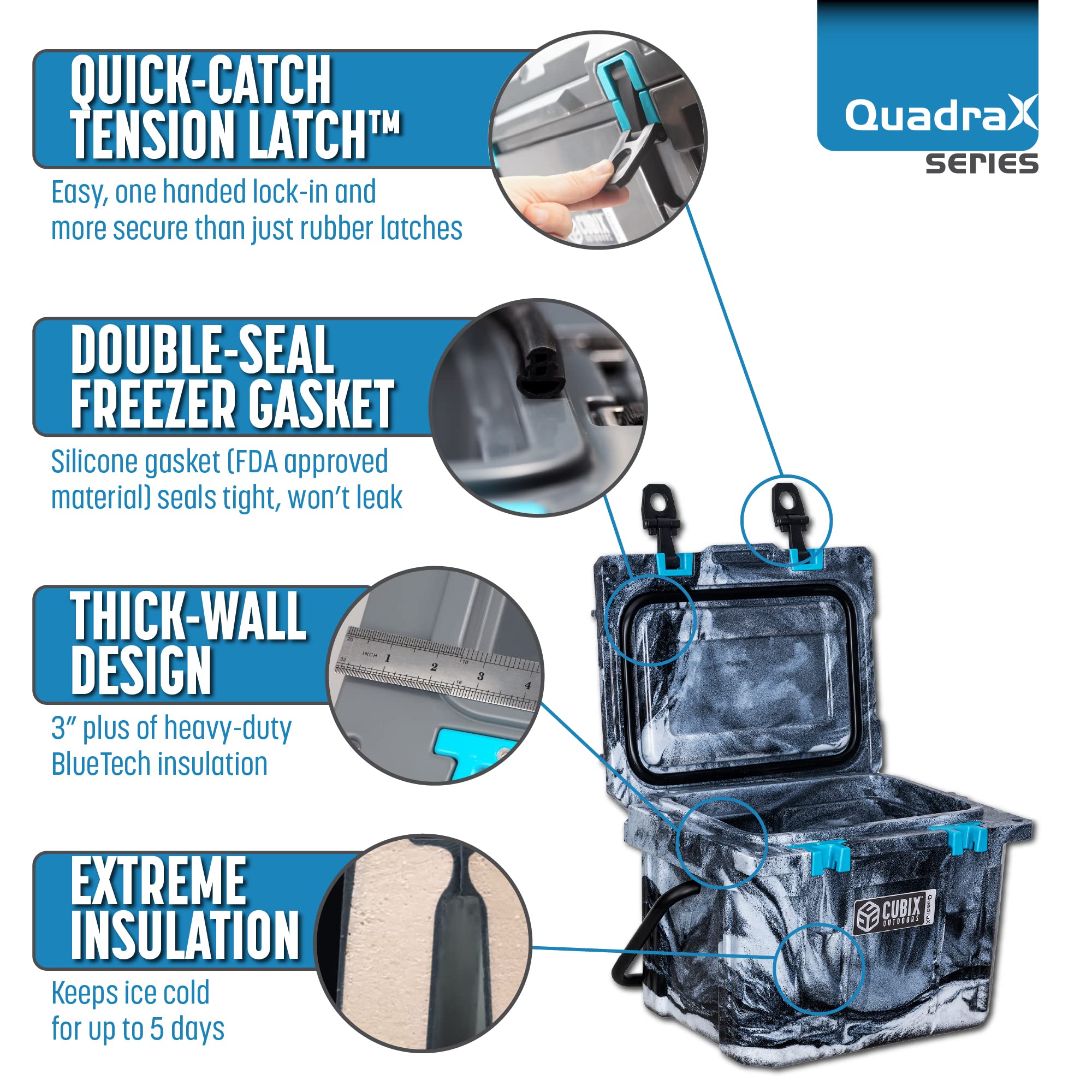 Cubix Outdoors QuadraX winter camo shows 3-day cold retention on trips.
