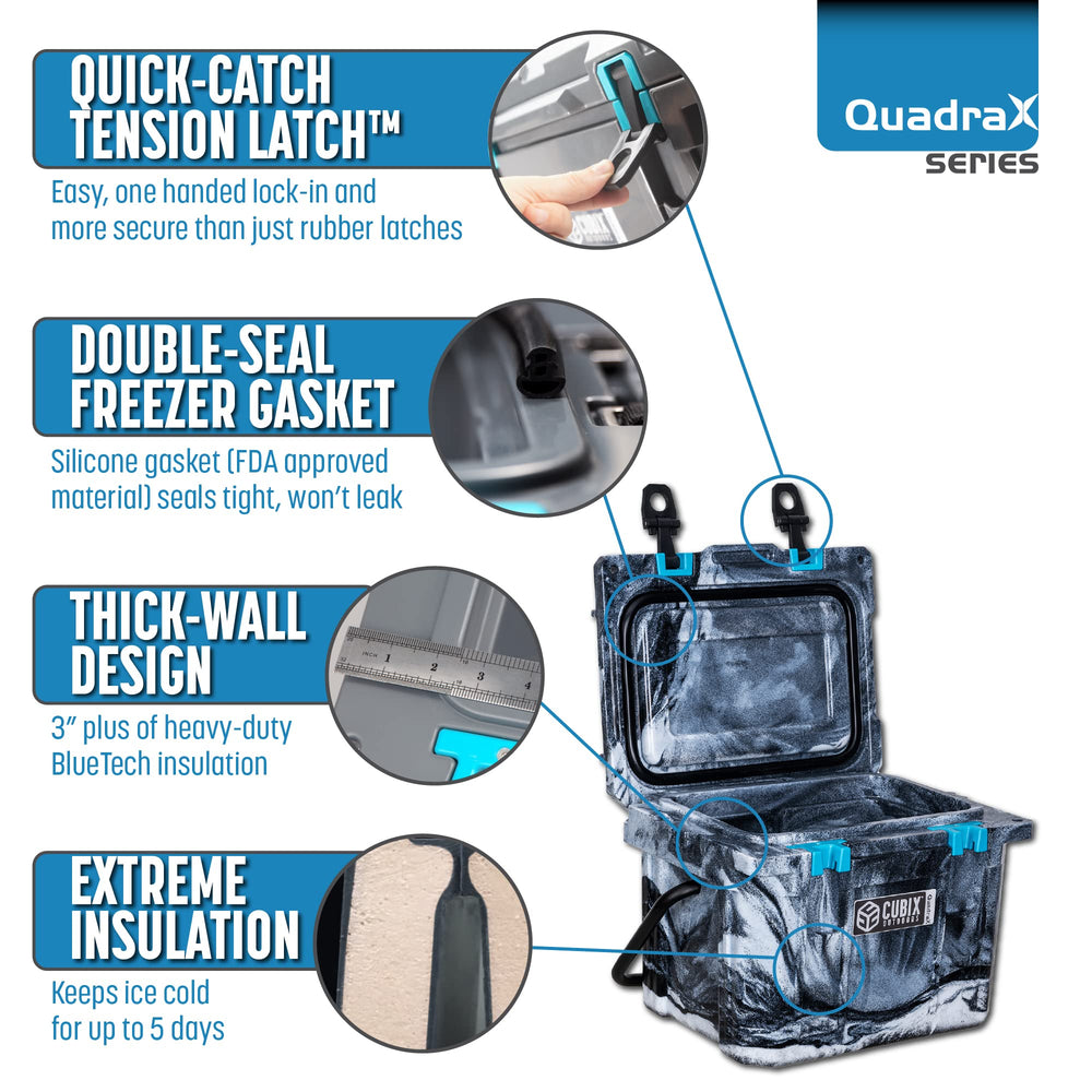 Cubix Outdoors QuadraX winter camo shows 3-day cold retention on trips.