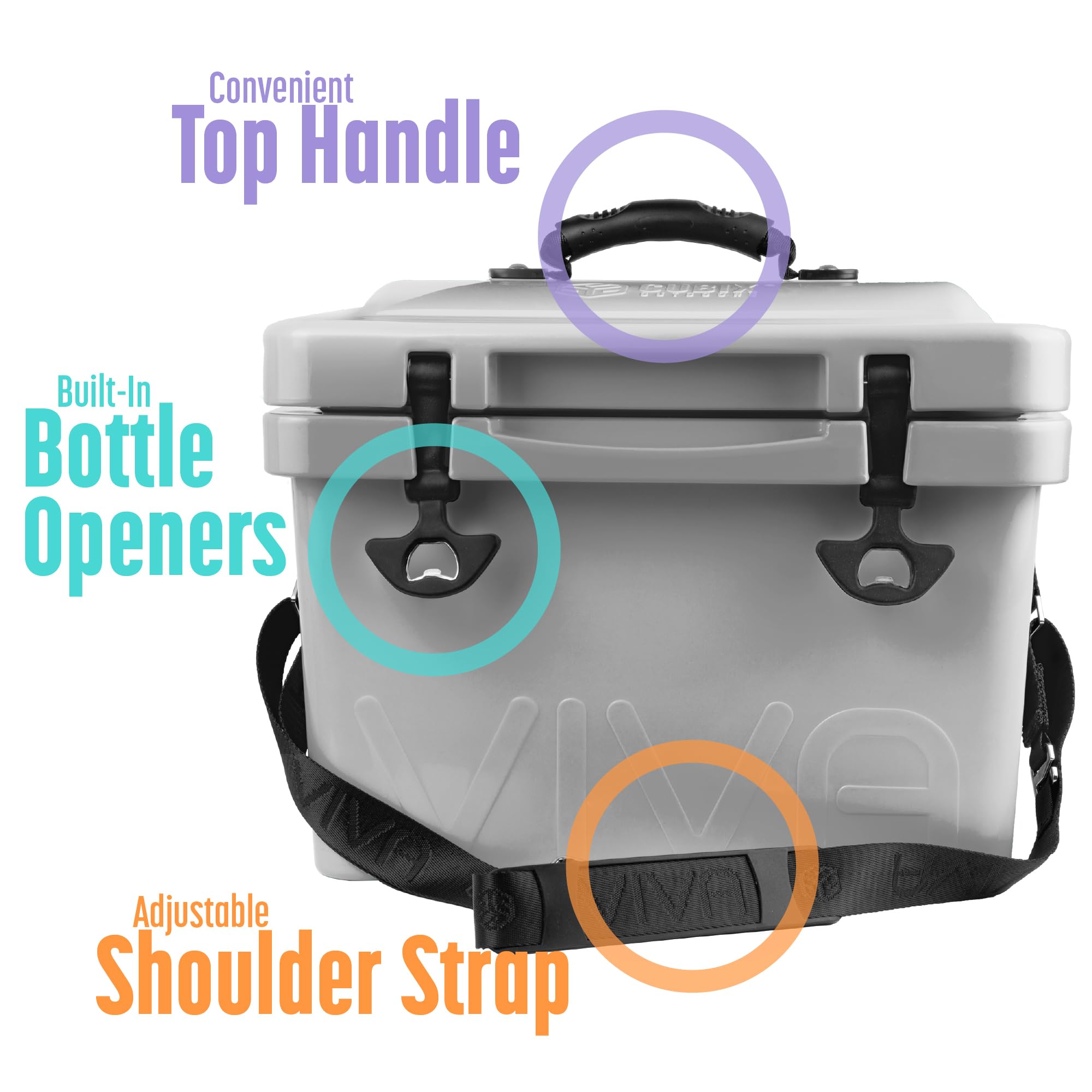 Cubix Outdoors Viva 14qt cooler integrated bottle opener for quick access.