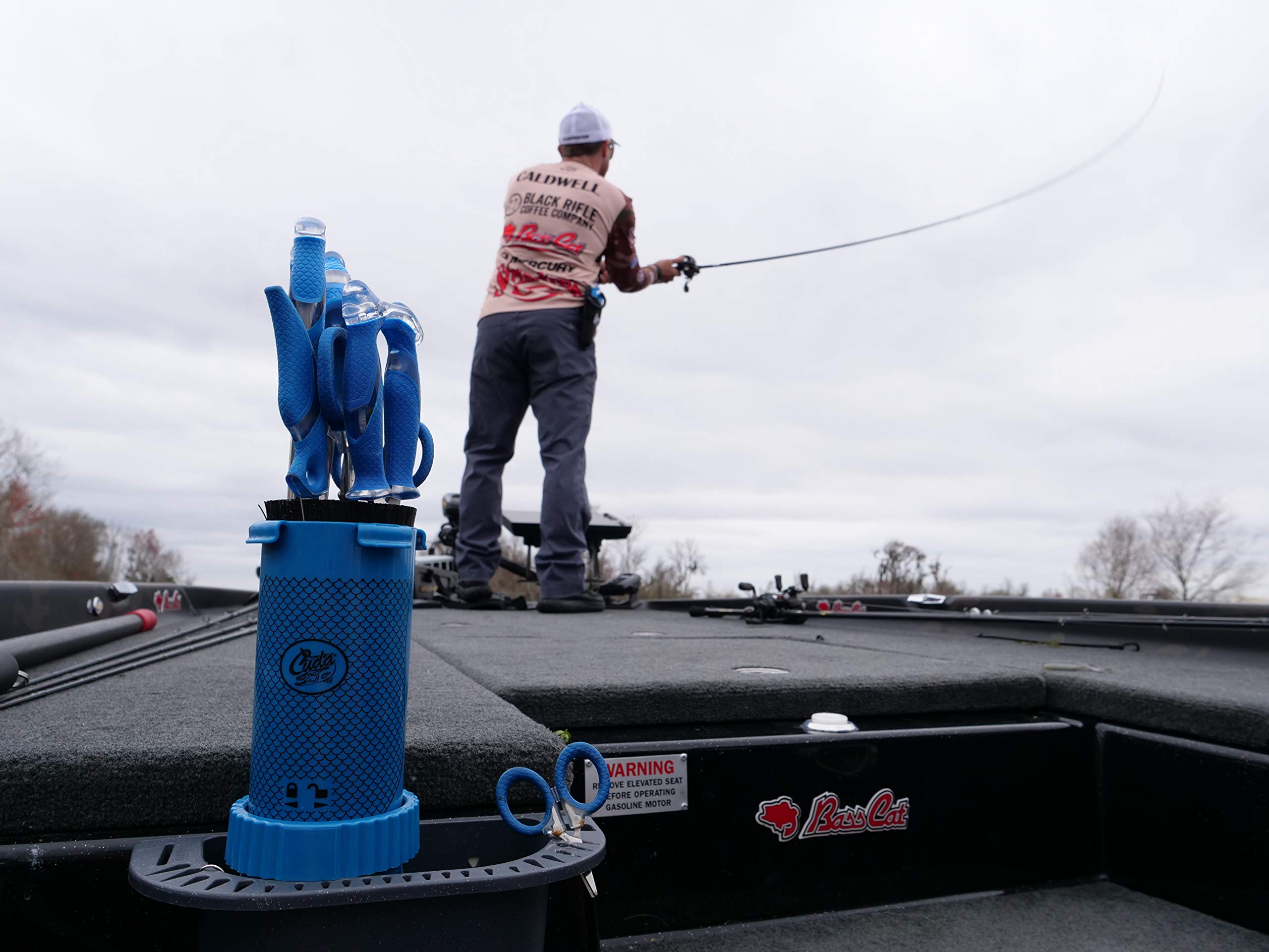 Cuda Tackle Center blue on-boat console; keeps essentials within reach.