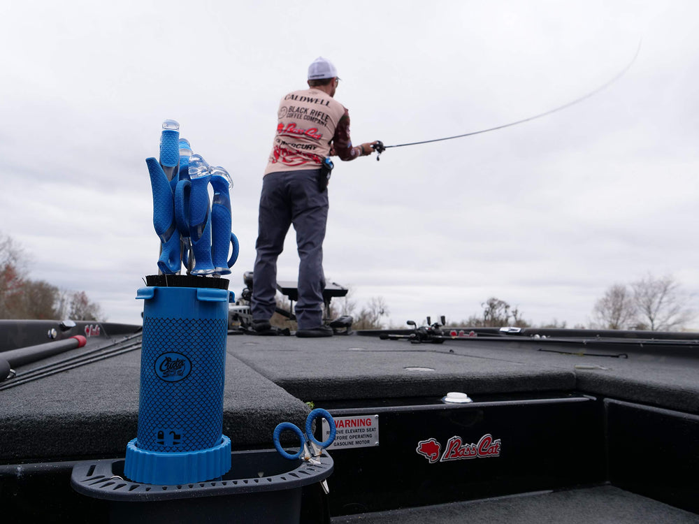 Cuda Tackle Center blue on-boat console; keeps essentials within reach.