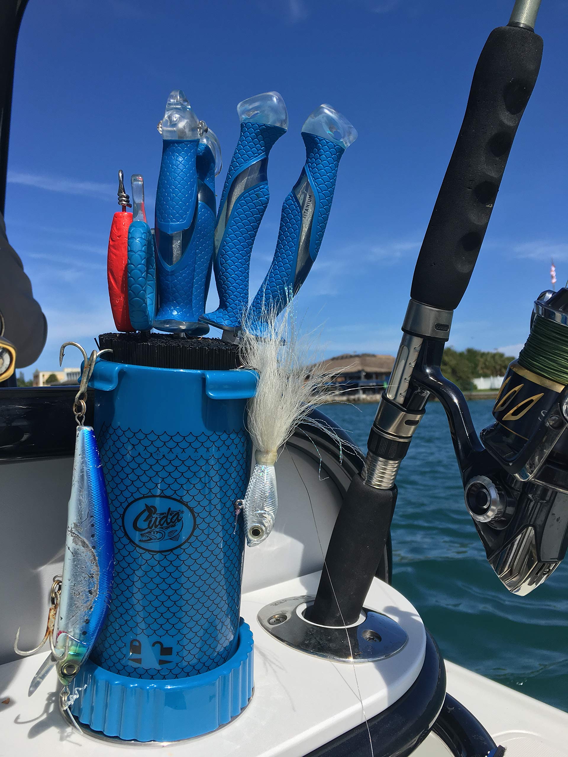 Cuda Tackle Center blue side view; fits in most cup holders for easy access.