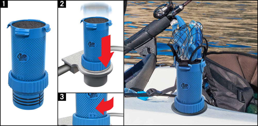 Cuda Tackle Center blue top view; shows compact profile for tight spaces.