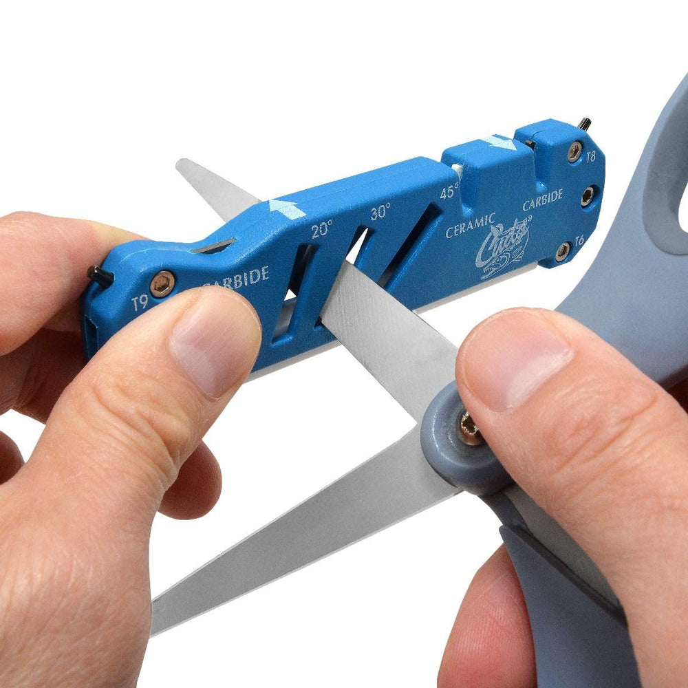 Cuda ceramic sharpener notch refining edges with ceramic media.