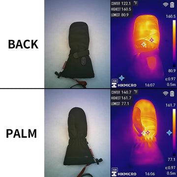 CUEHEAT heated mittens show palm and finger heating for consistent warmth.