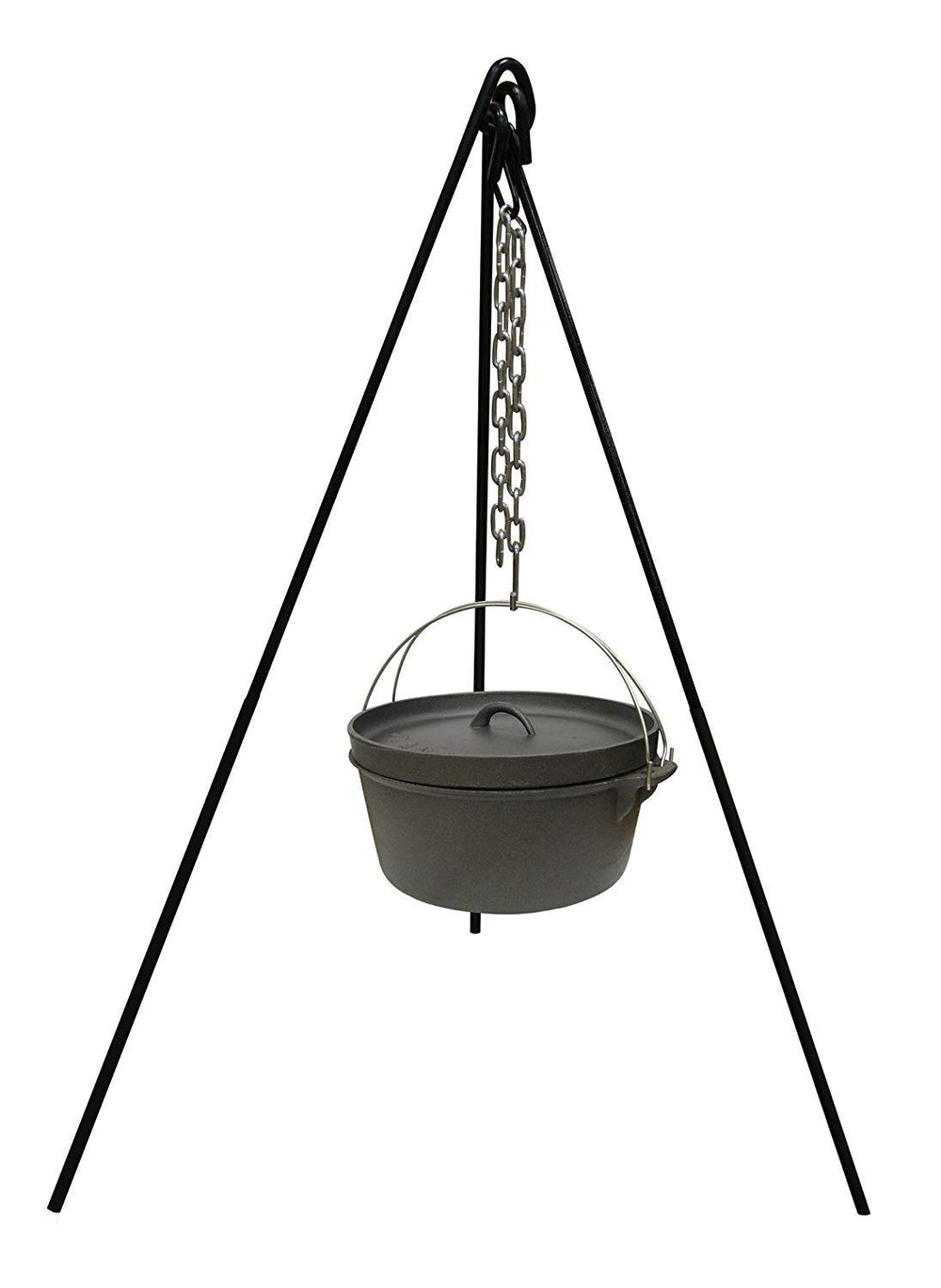 Cuisiland camping tripod over a crackling campfire enables sturdy outdoor cooking.