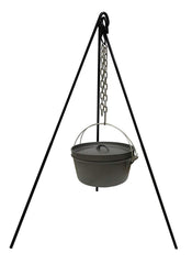 Cuisiland camping tripod over a crackling campfire enables sturdy outdoor cooking.