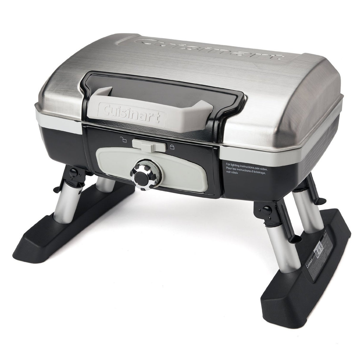 Cuisinart Petite Gourmet portable grill with open lid showing 150 sq in cooking area for family meals