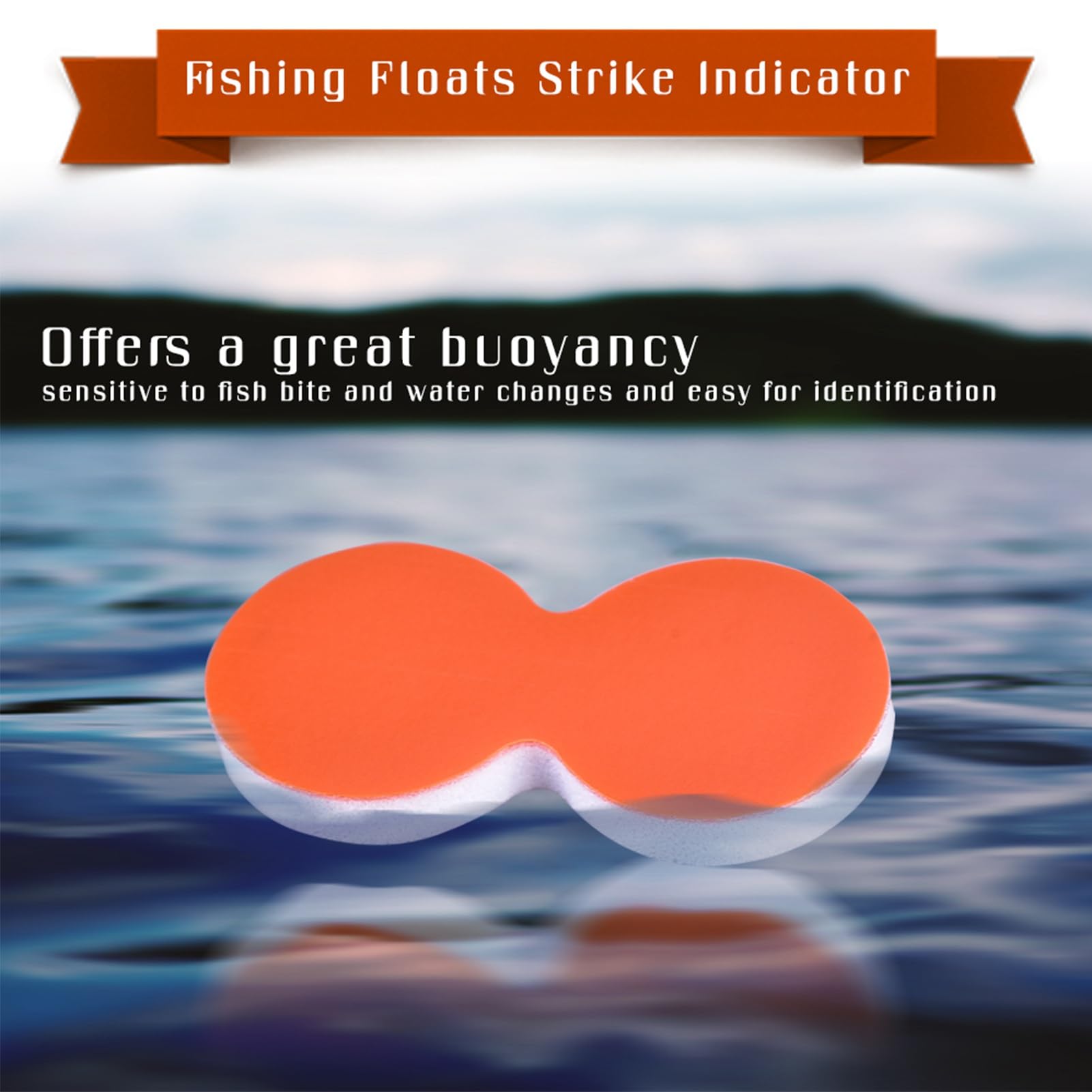 Bright orange strike indicators floating on water