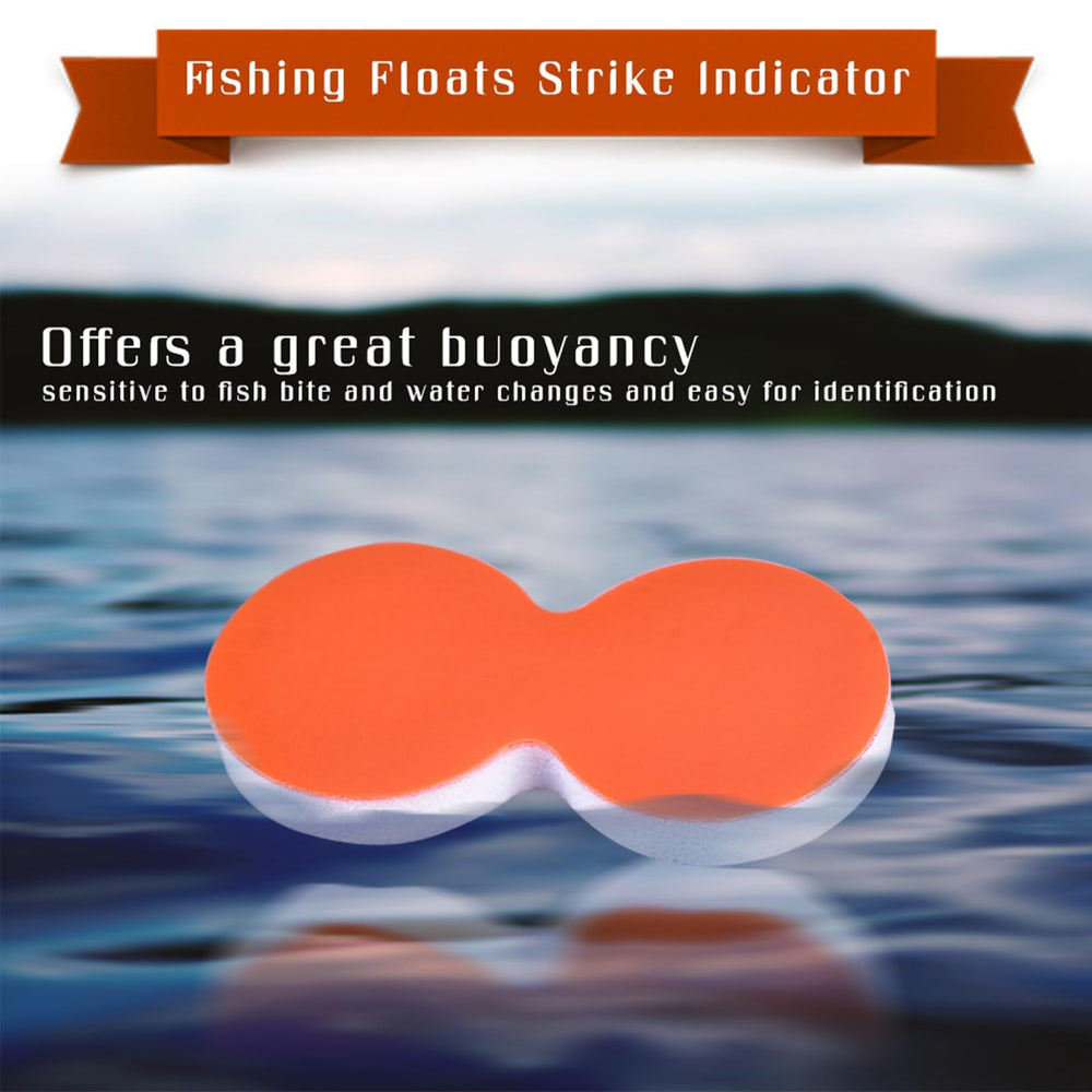 Bright orange strike indicators floating on water