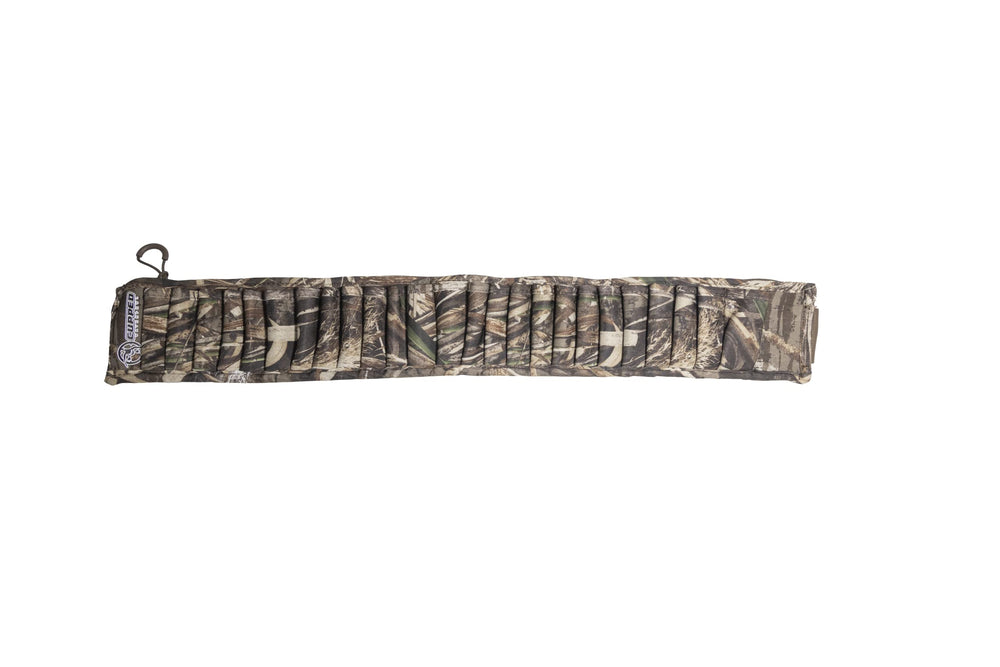 Cupped Waterfowl belt in RealTree MAX-7 camo with 25 shell holders for quick reloads.