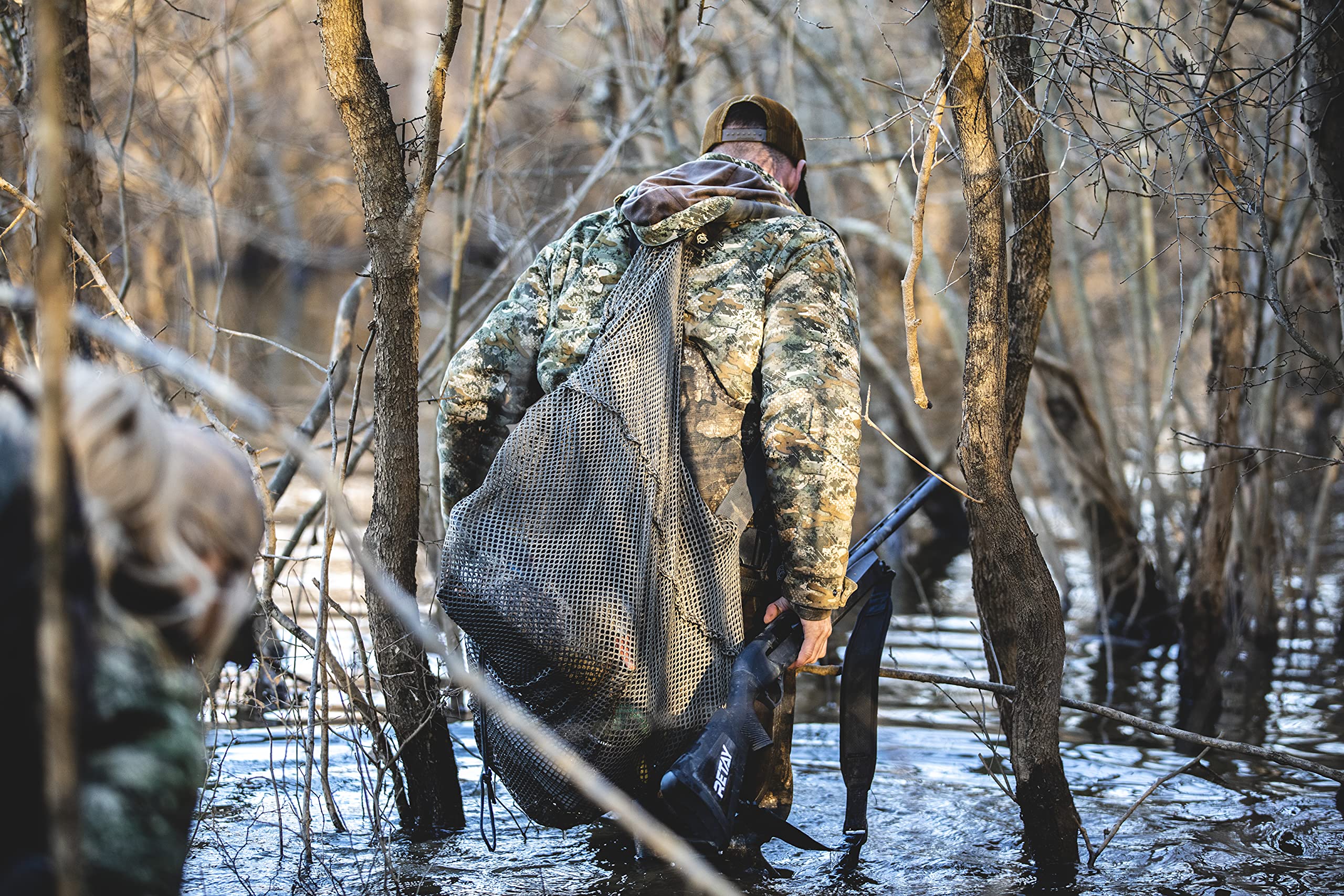Cupped Waterfowl bag with drawstring closure secures contents during travel