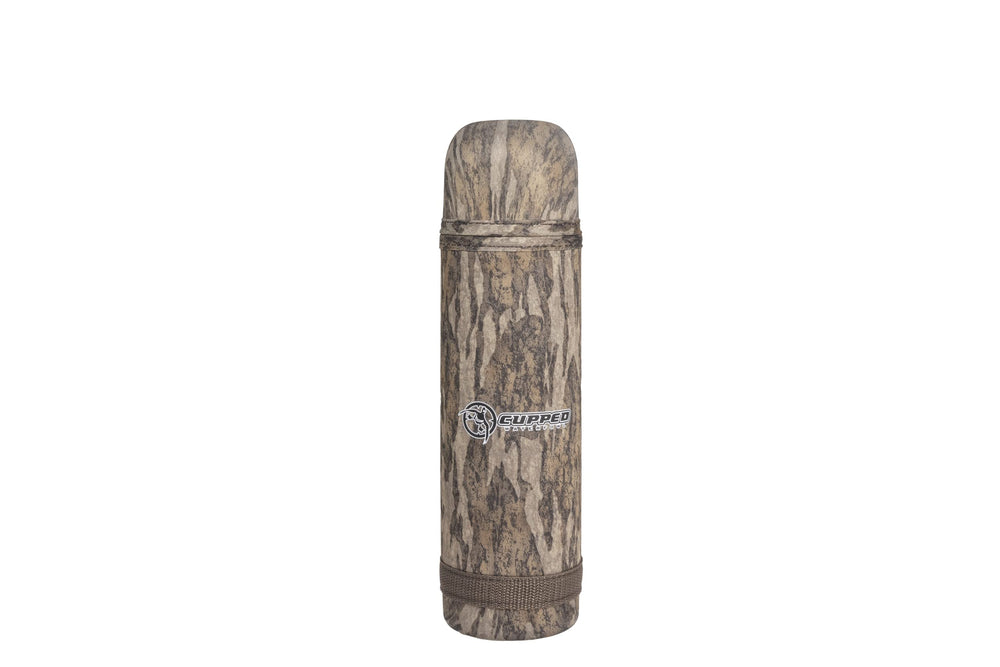 Cupped Waterfowl hot/cold camo thermos in Mossy Oak Bottomland keeps beverages hot or cold on hunts