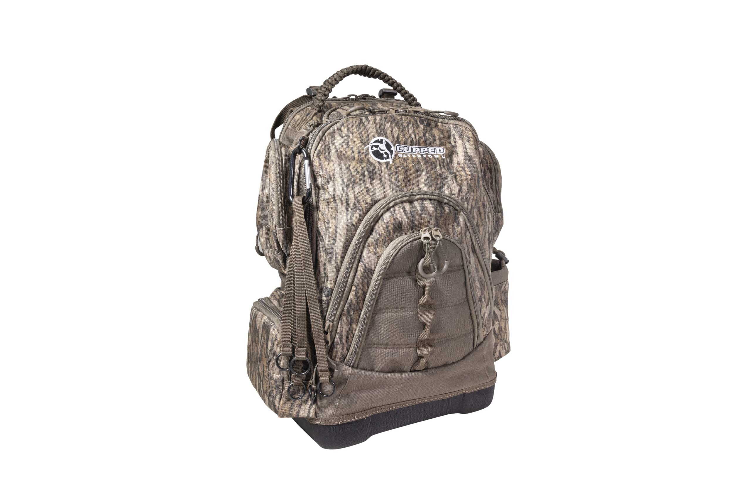 Cupped Waterfowl pack highlights MOLLE loops for customizable storage.