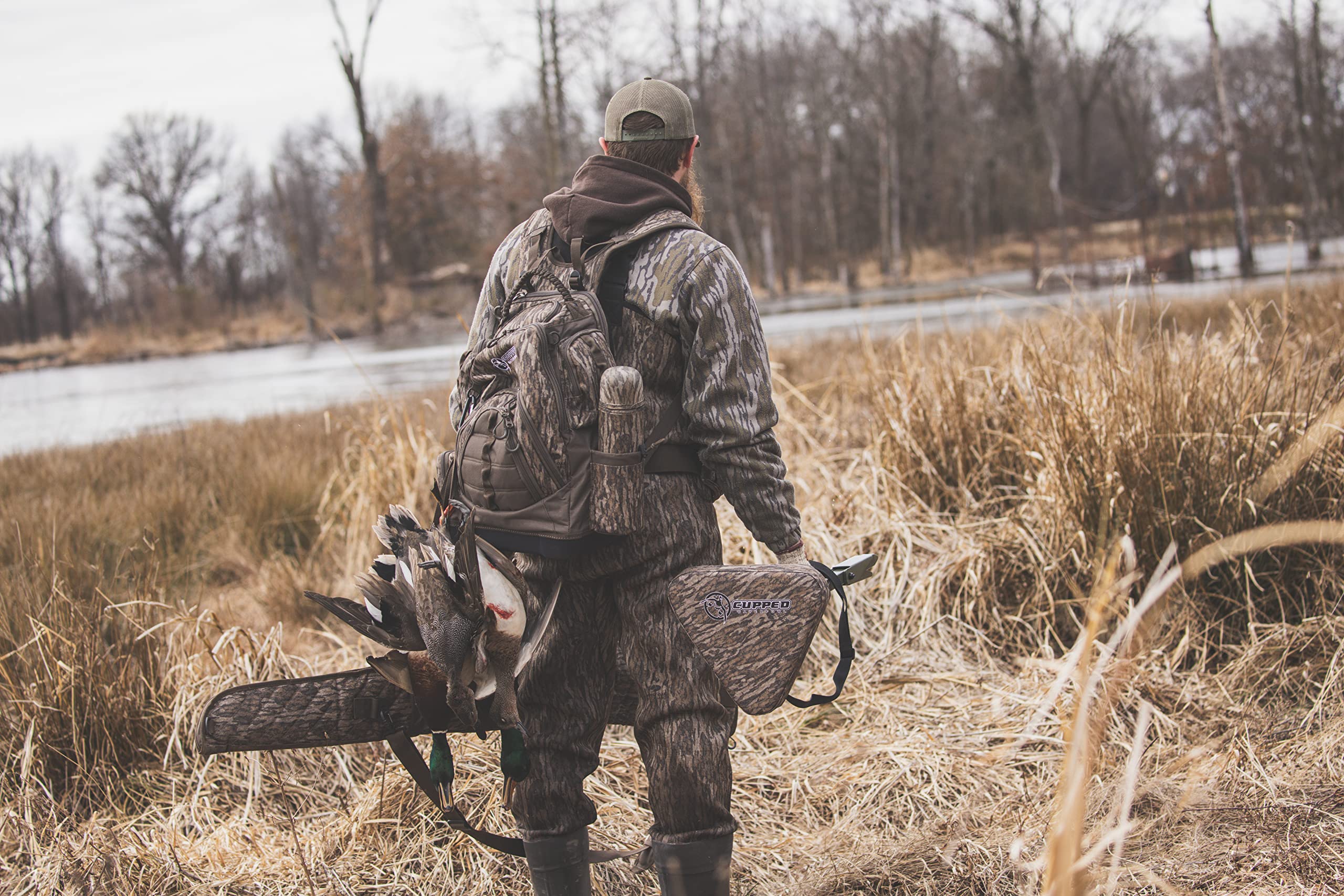 Cupped Waterfowl hunting seat ready for field use with compact storage