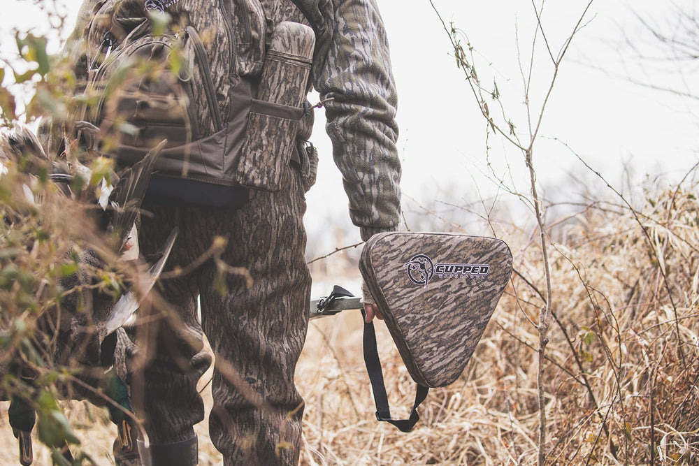 Cupped Waterfowl seat folds flat for compact carry and storage