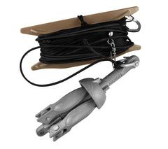 Cupped Waterfowl Snap Back String Jerk Rig with 6 decoy drops, 90 ft PVC cord, and 5 ft pull cord
