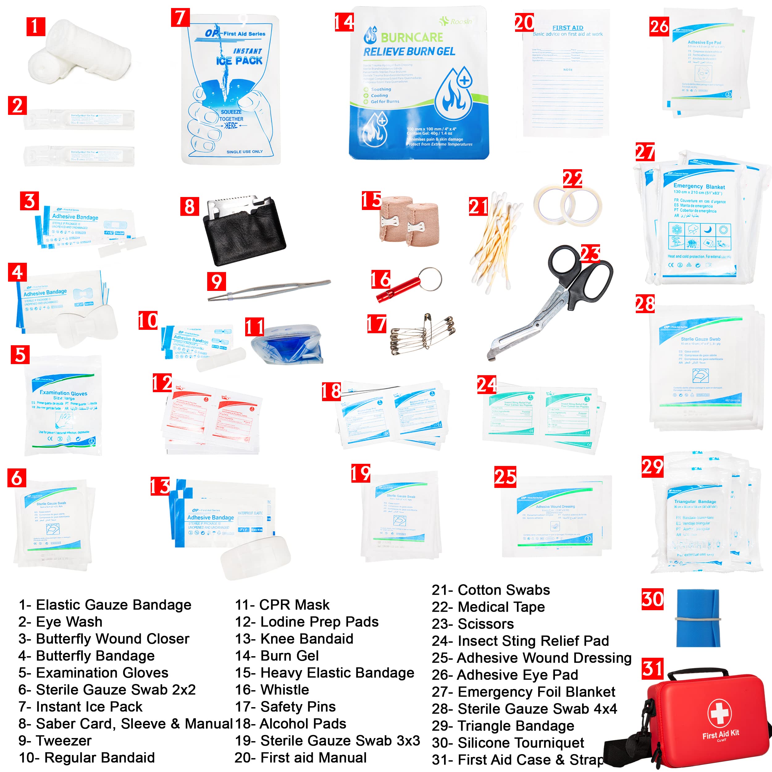 CureIT Premium First Aid Kit Travel burn gel and ice pack soothe minor discomfort.