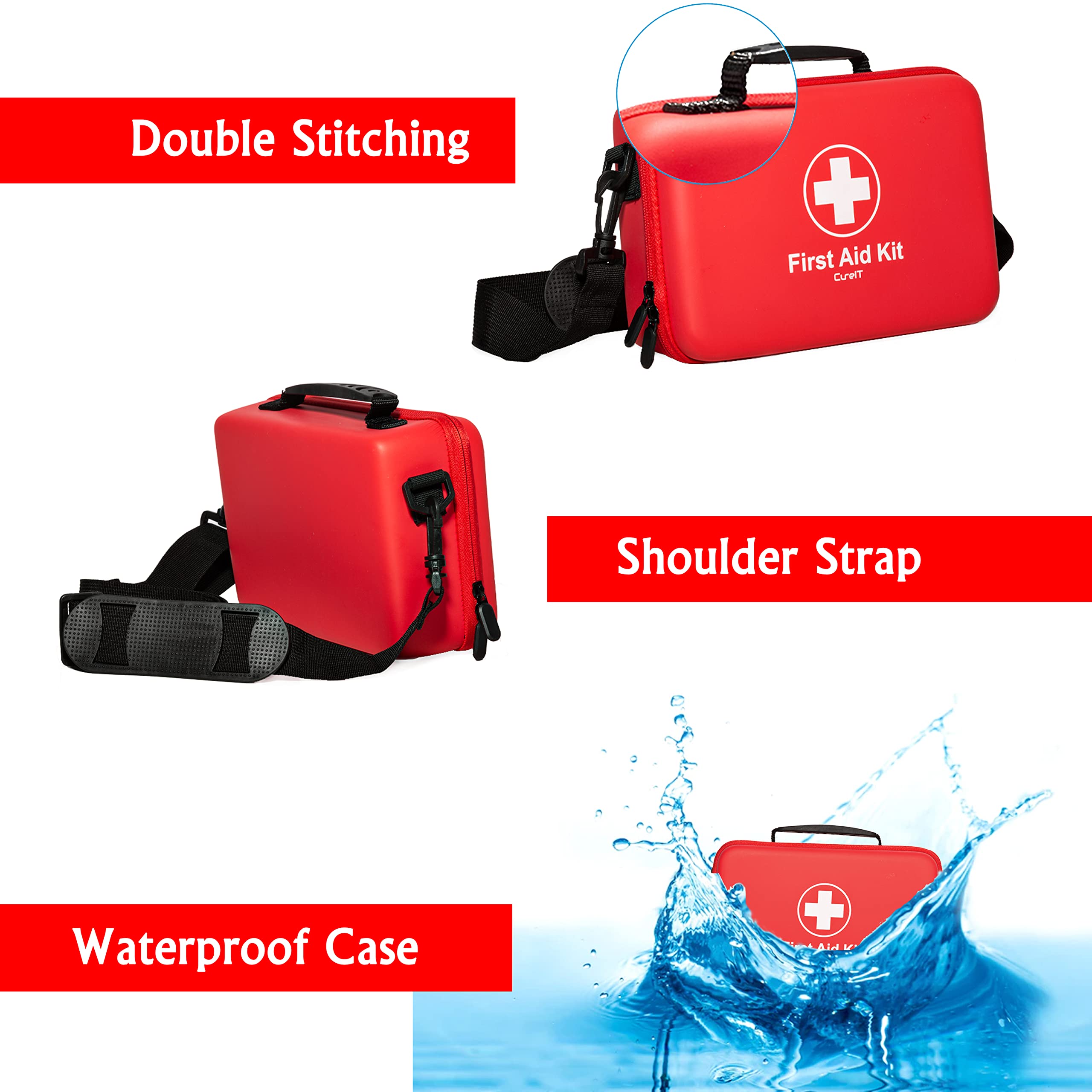 CureIT Premium First Aid Kit Travel EVA hard case keeps contents secure and organized.
