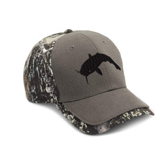 Catfish embroidery on gray camo baseball cap – front view