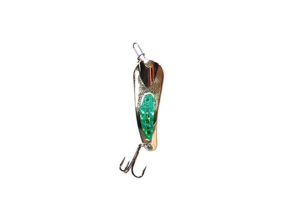 Custom Jigs SL116-P-202 slender spoon in gold lime, ideal ice fishing lure