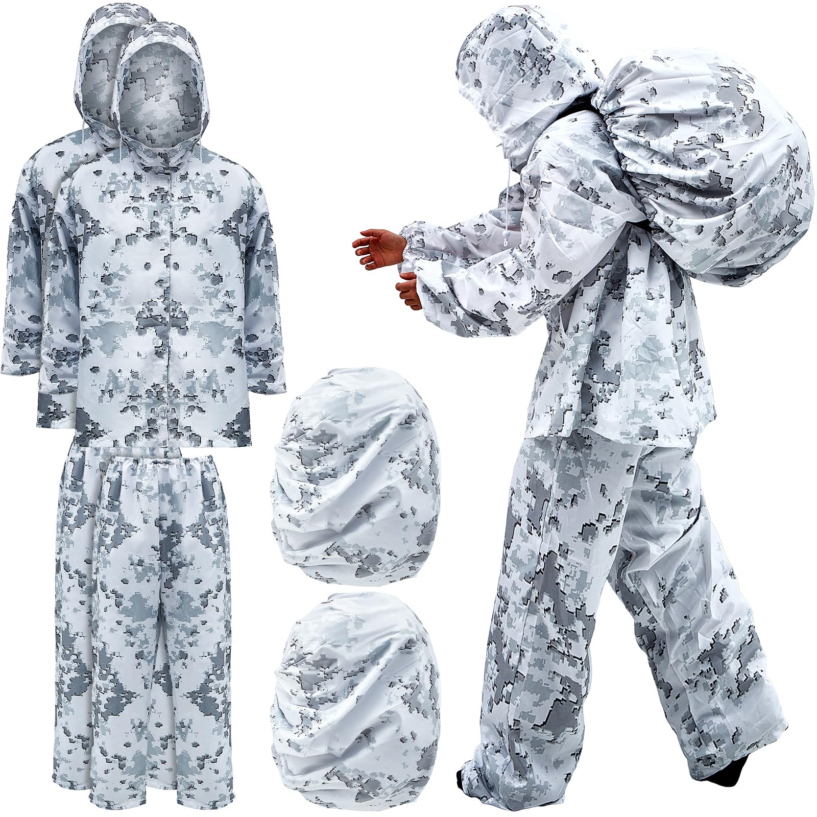Cutecrop winter camo suit hood over helmet demonstrating snow concealment for field hunts