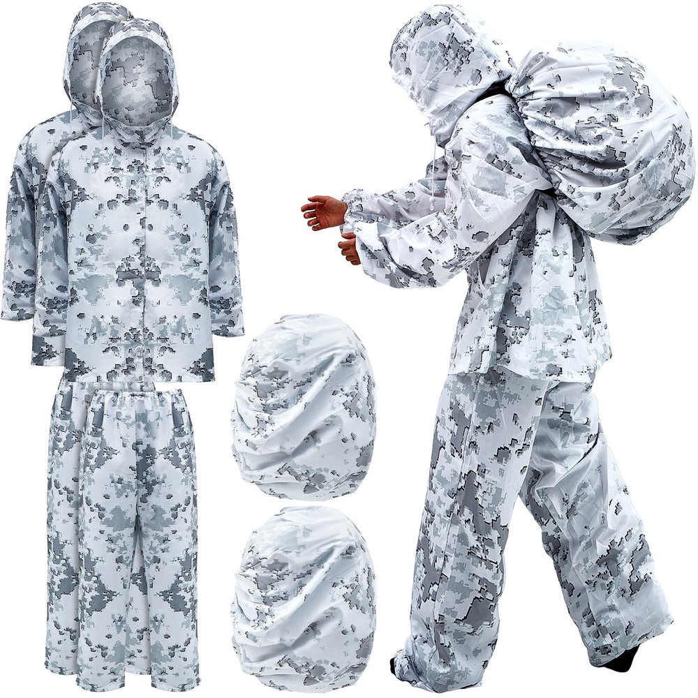 Cutecrop winter camo suit hood over helmet demonstrating snow concealment for field hunts