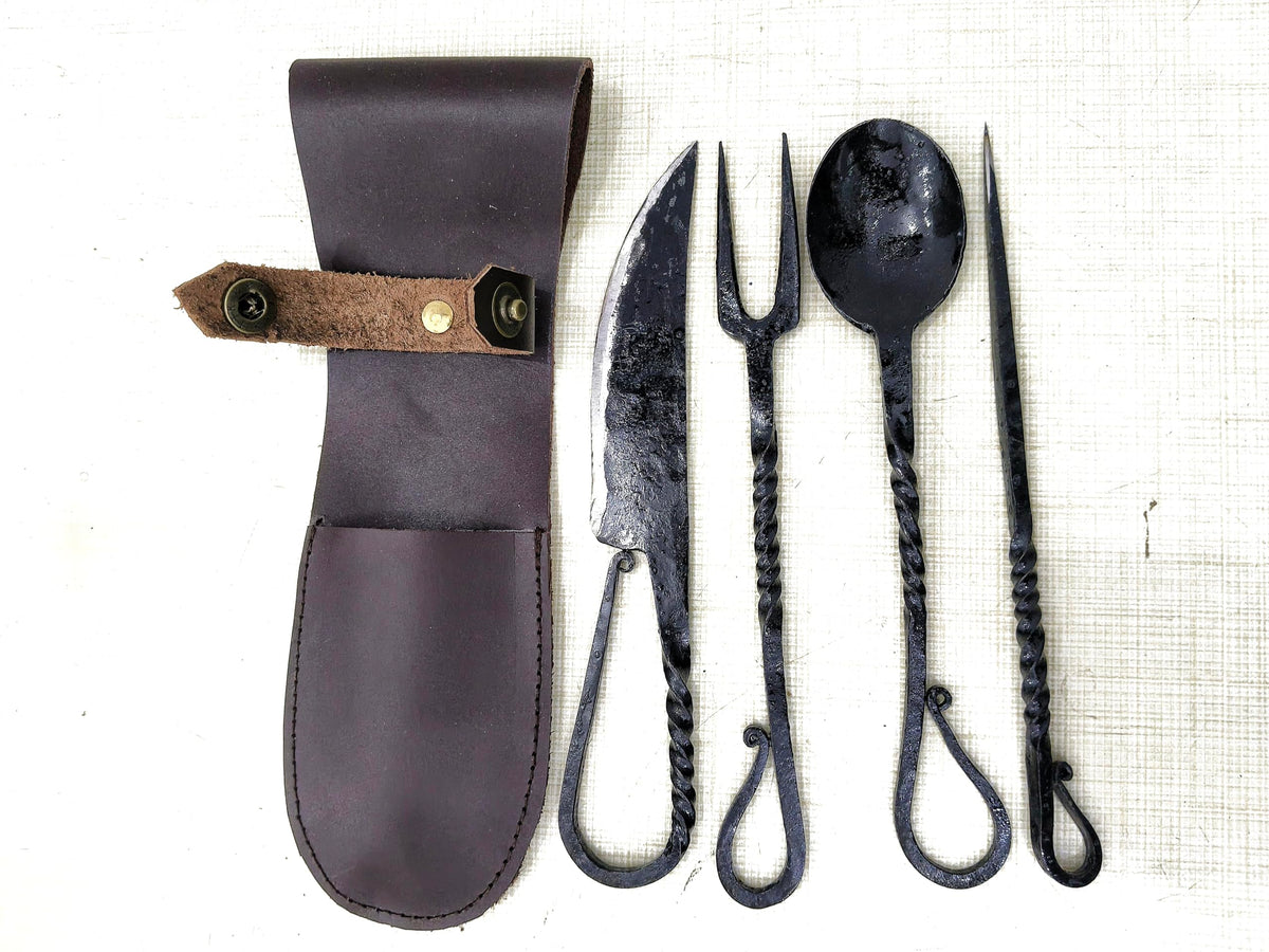 Cutlery Set Hand Forged Medieval Viking spoons and forks for immersive camping meals.