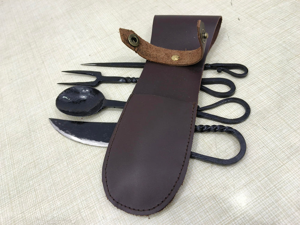Cutlery Set Leather carrying pouch keeps utensils organized on hikes.