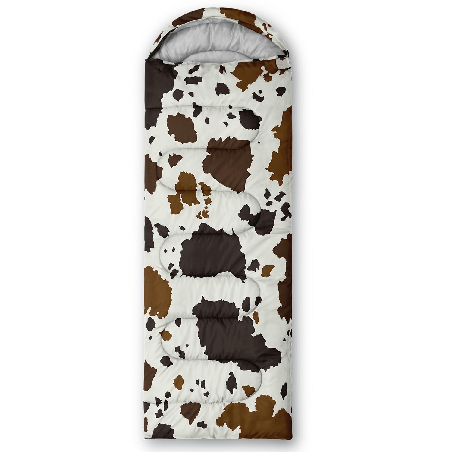 CVHOUSE Brown Cow Sleeping Bag drawstring hood provides snug warmth.