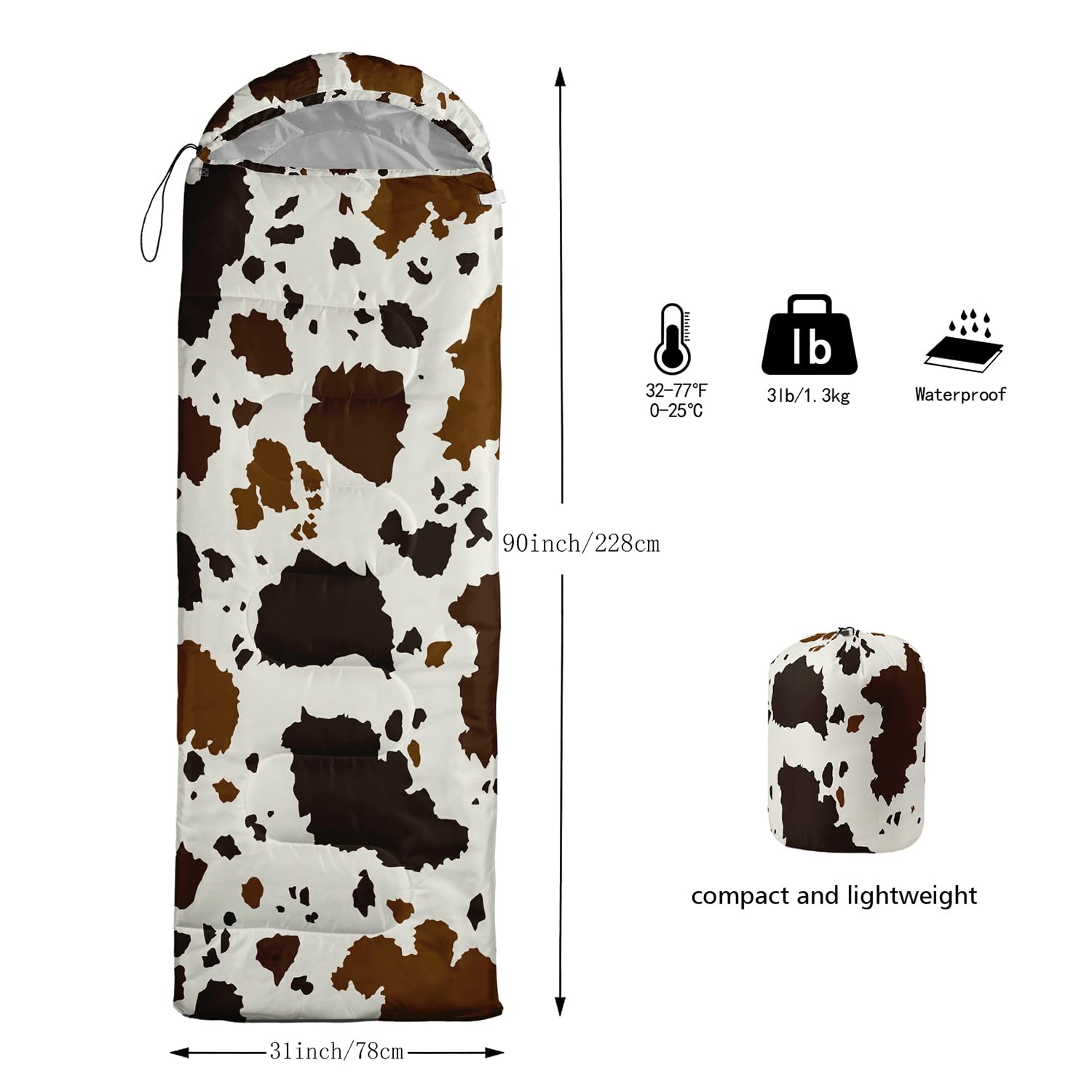 CVHOUSE Brown Cow Sleeping Bag microfiber fill delivers lightweight warmth for cool nights.