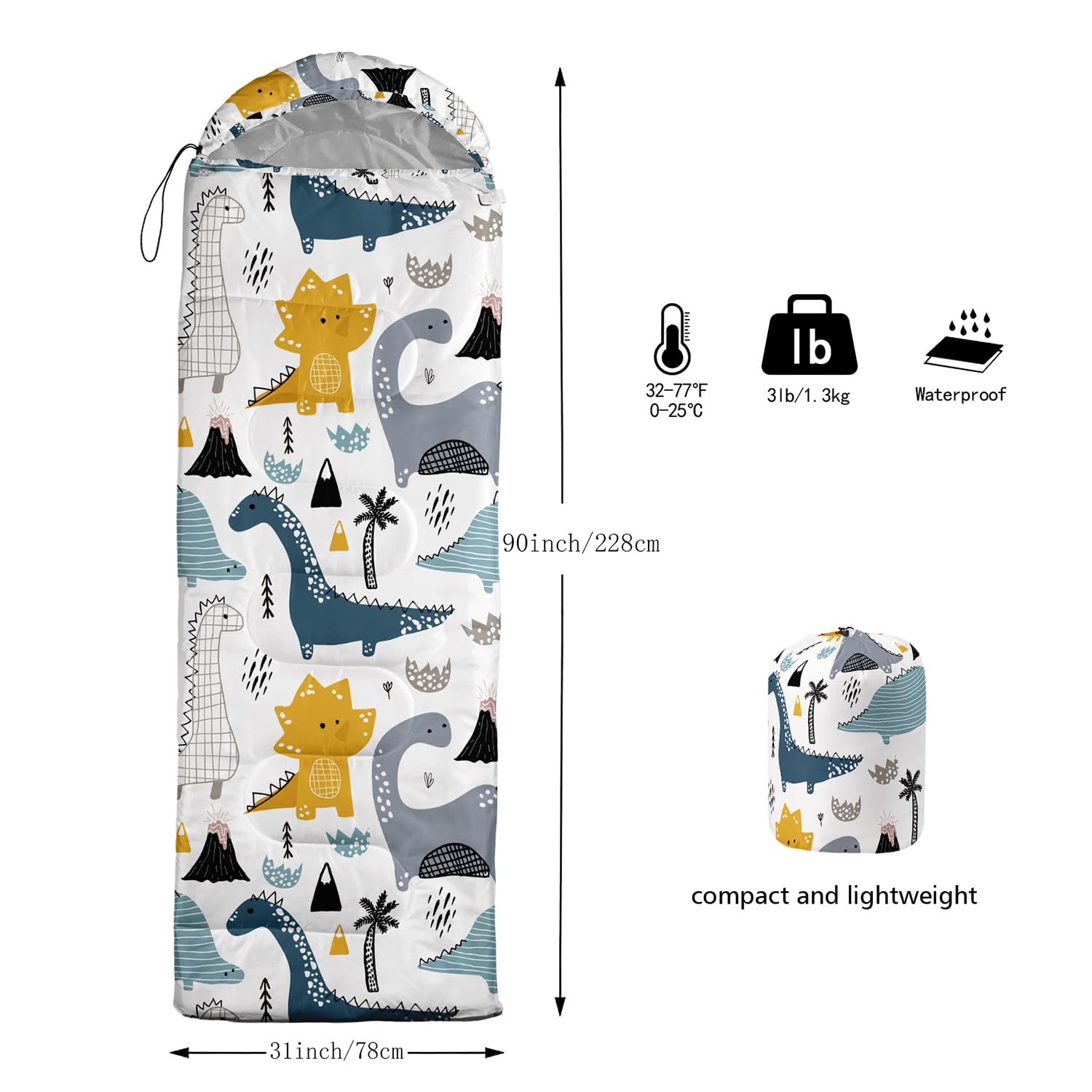 CVHOUSE dinosaur sleeping bag open hood illustrates 3-season warmth and weather resistance.