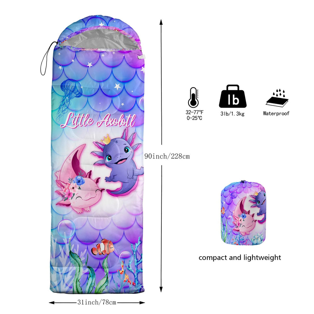 CVHOUSE Kawaii Axolotl sleeping bag hood-drawstring: secure fit for chilly evenings.