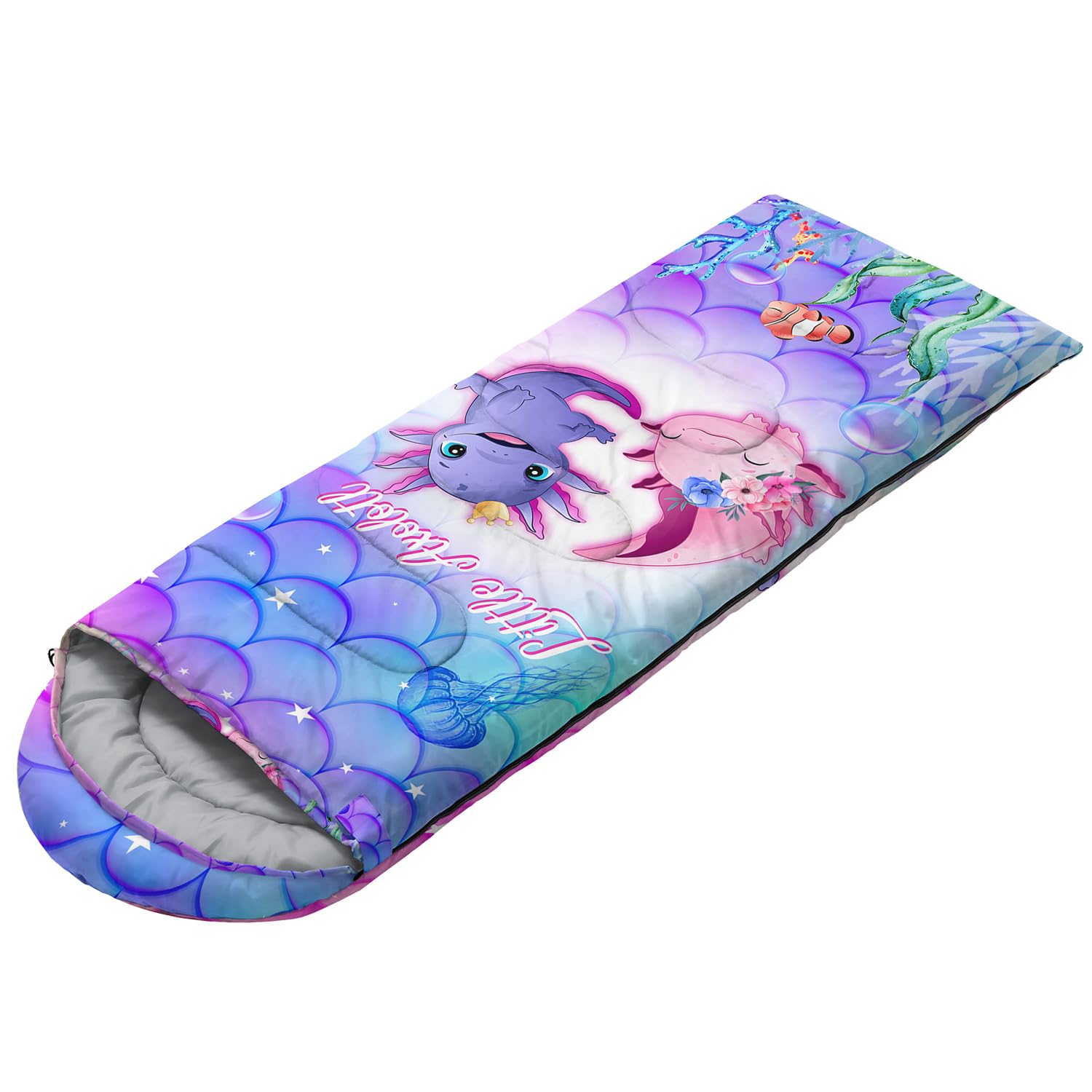 CVHOUSE Kawaii Axolotl sleeping bag portability: compact cylinder storage for travel.