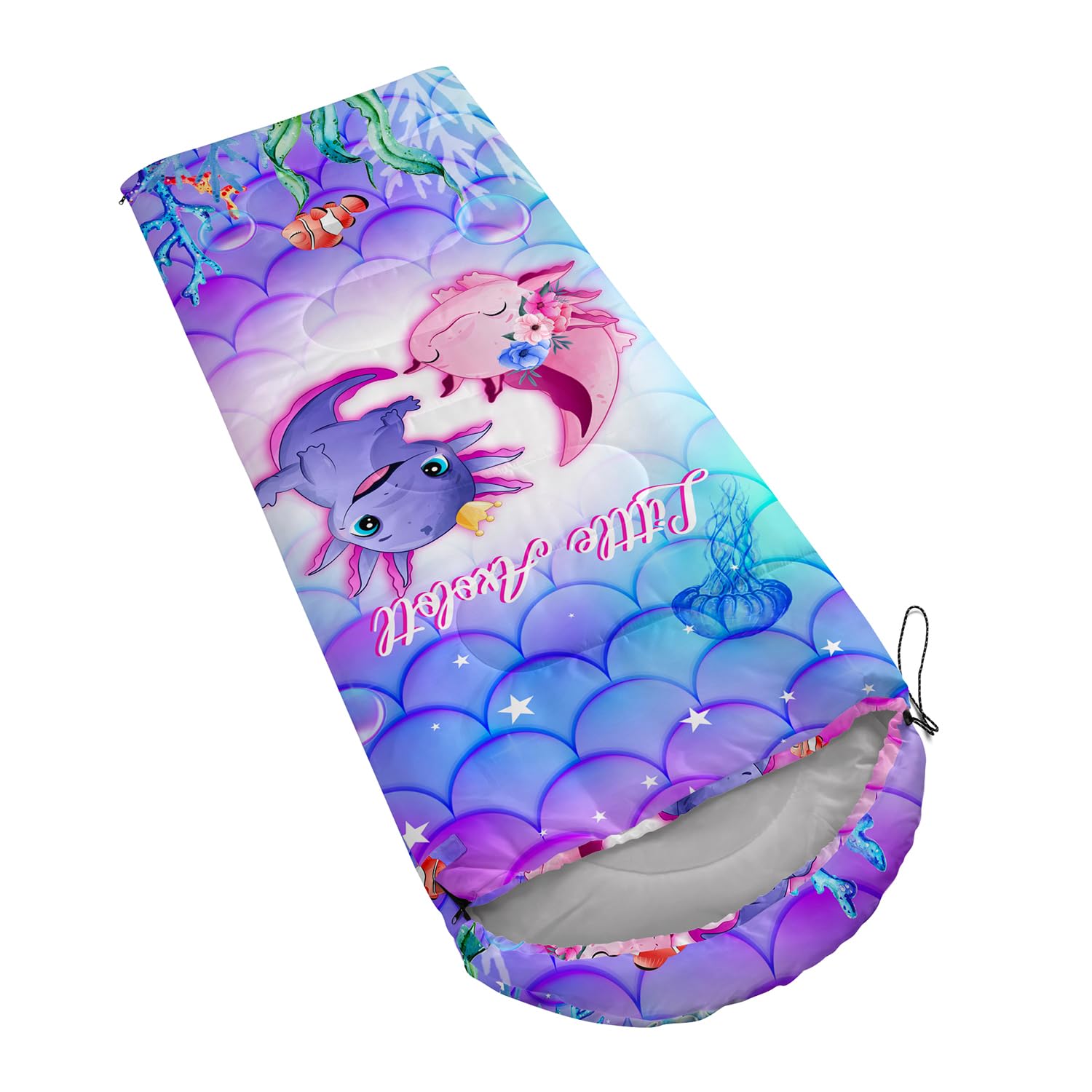 CVHOUSE Kawaii Axolotl sleeping bag size and weight: 31x90 inches, about 3 lbs.