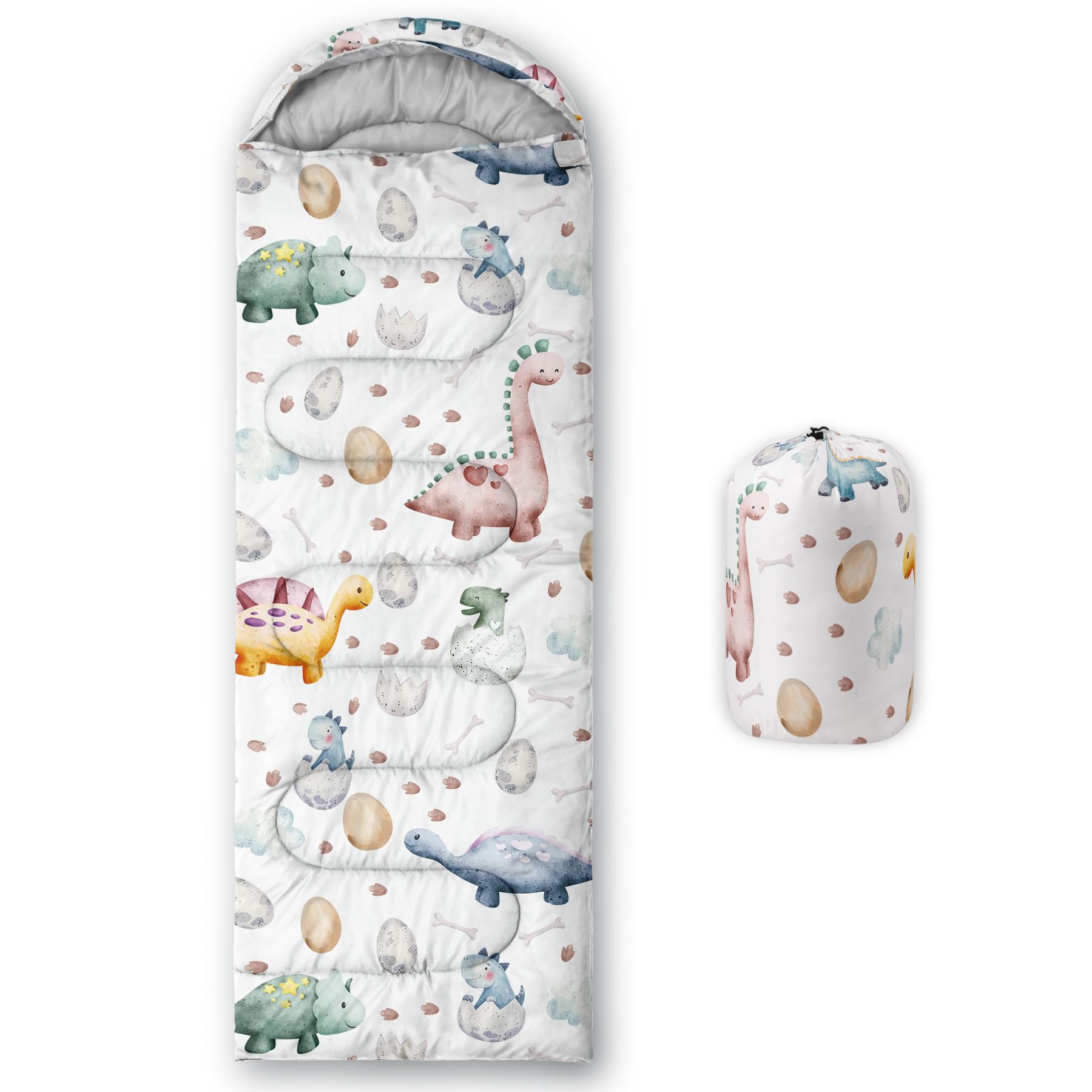 CVHOUSE Kawaii dinosaur sleeping bag front view with waterproof exterior for outdoor comfort.