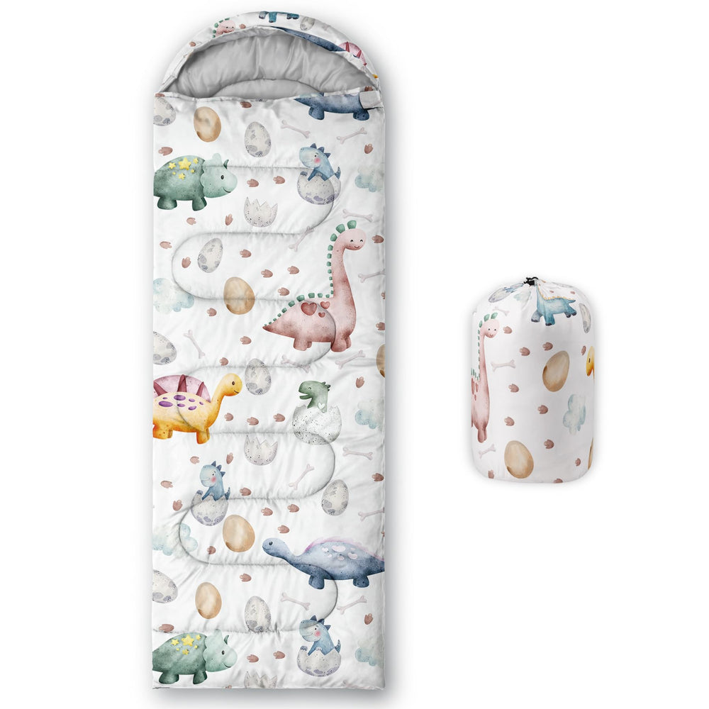 CVHOUSE Kawaii dinosaur sleeping bag front view with waterproof exterior for outdoor comfort.
