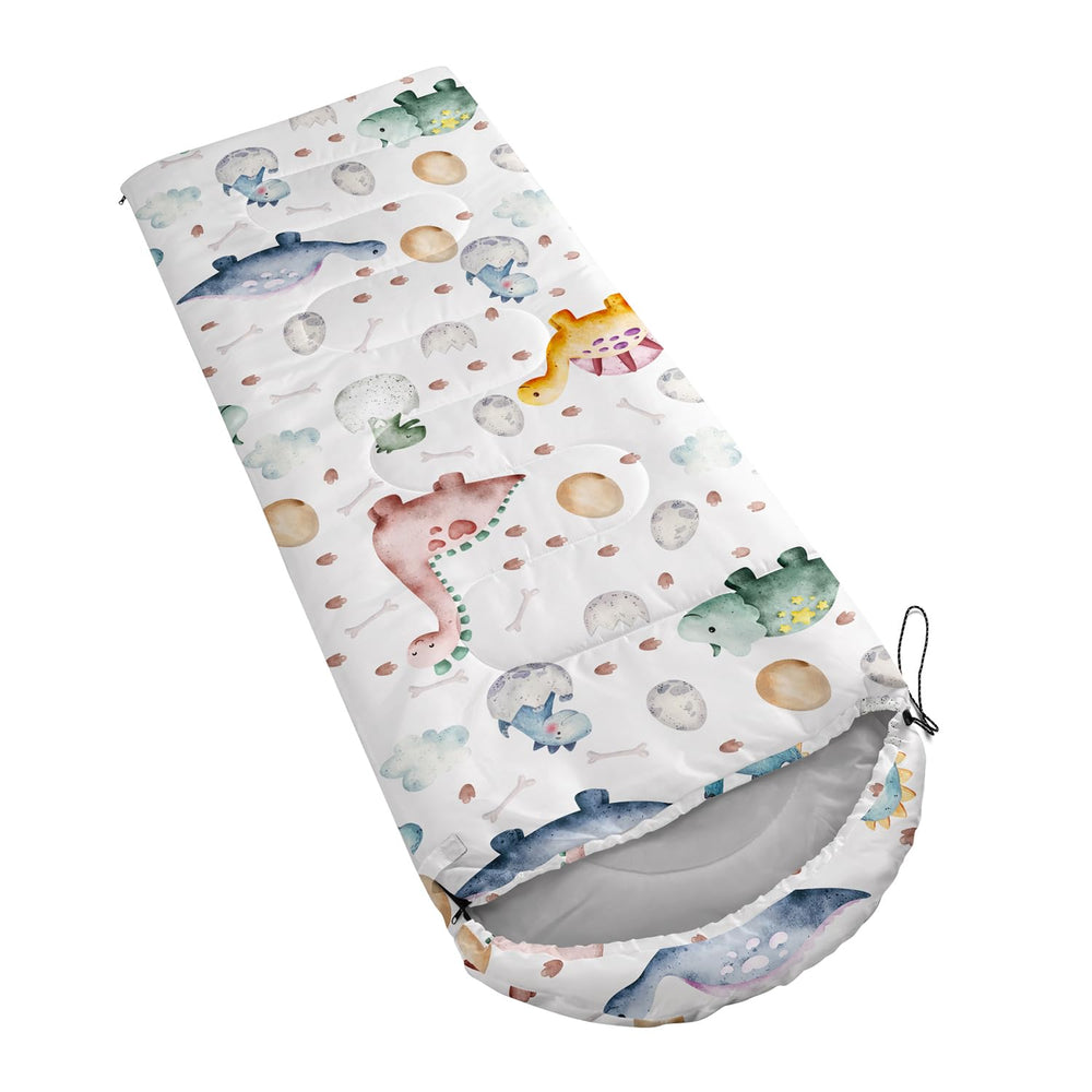 CVHOUSE Kawaii dinosaur sleeping bag hood closeup showing adjustable drawstring warmth.