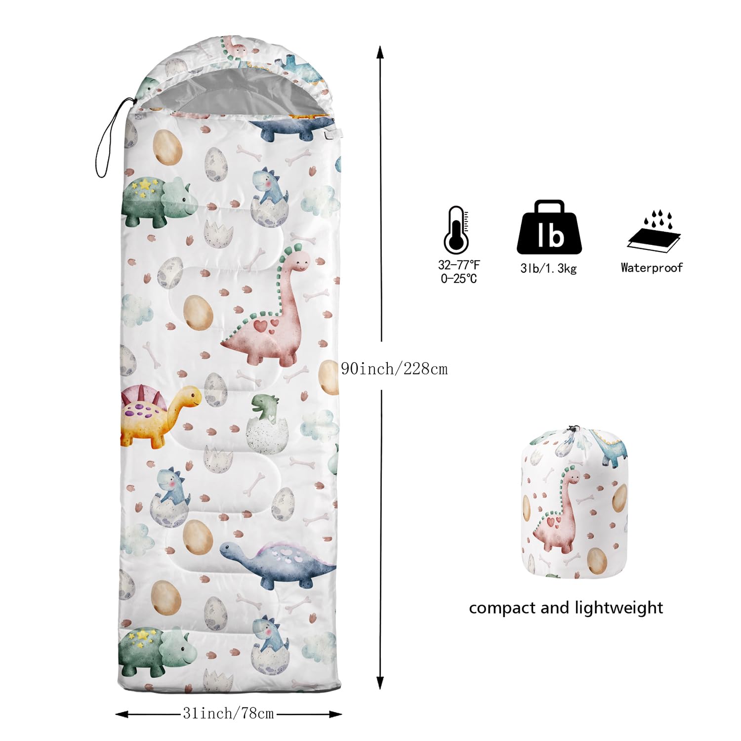 CVHOUSE Kawaii dinosaur sleeping bag interior view highlighting soft lining and microfiber fill.