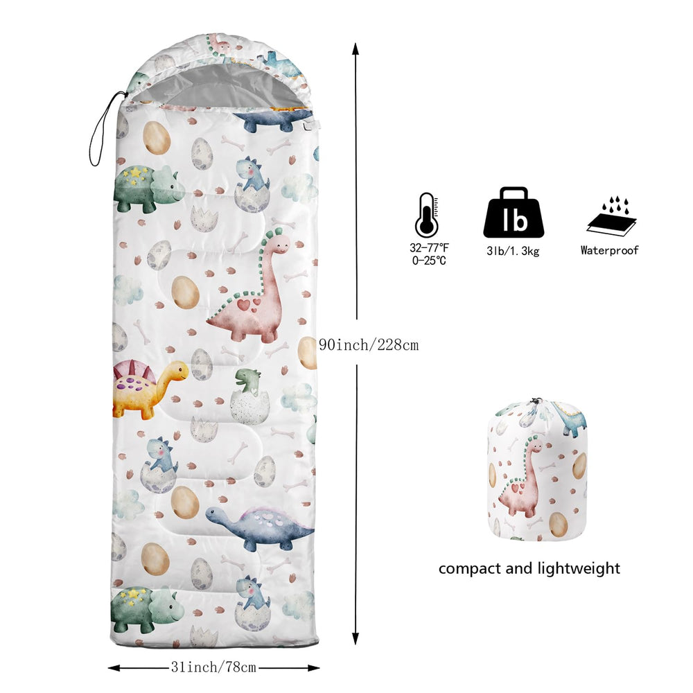 CVHOUSE Kawaii dinosaur sleeping bag interior view highlighting soft lining and microfiber fill.