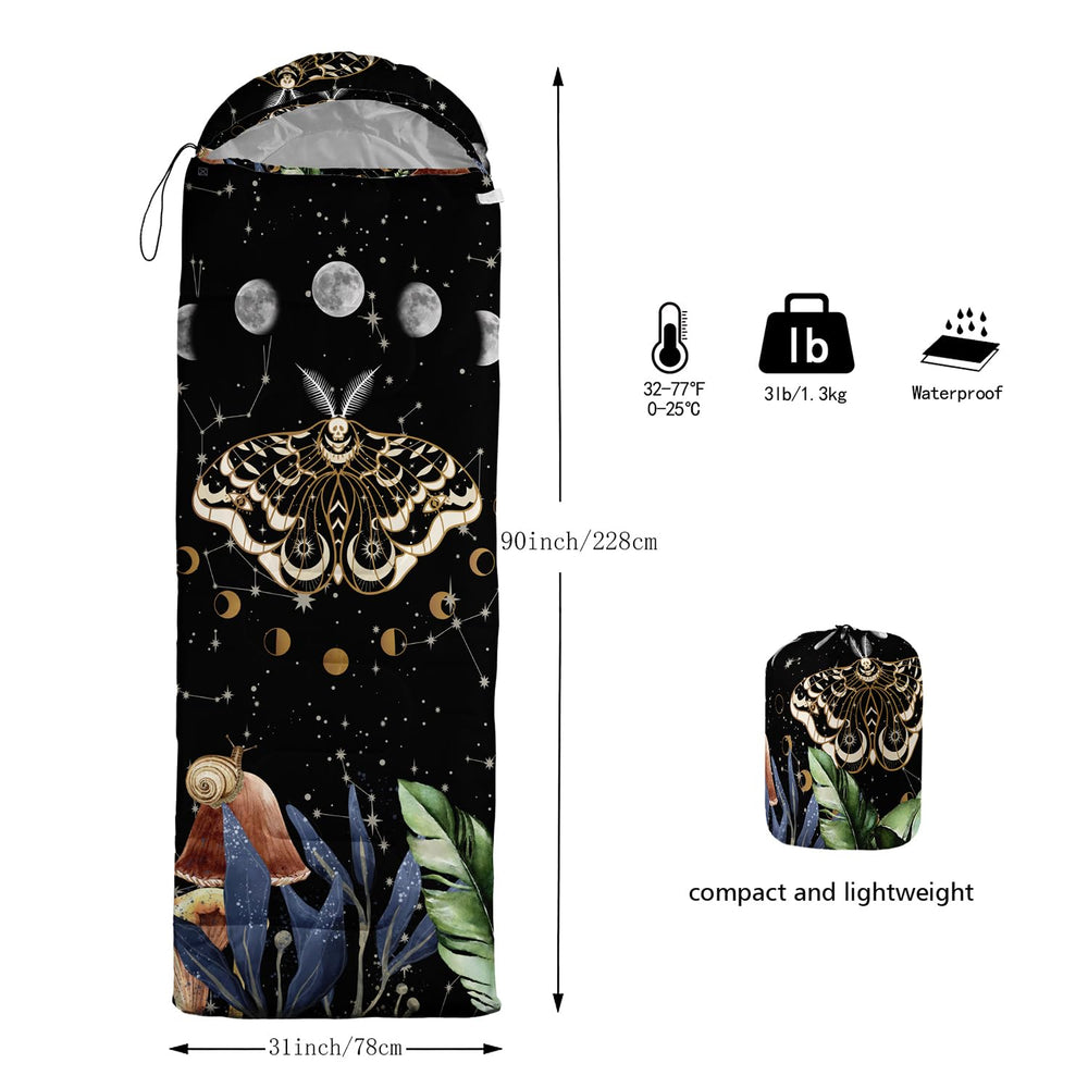 CVHOUSE Sun and Moon Death Moth sleeping bag full-length view, spacious 31x90 inches for adults and kids.