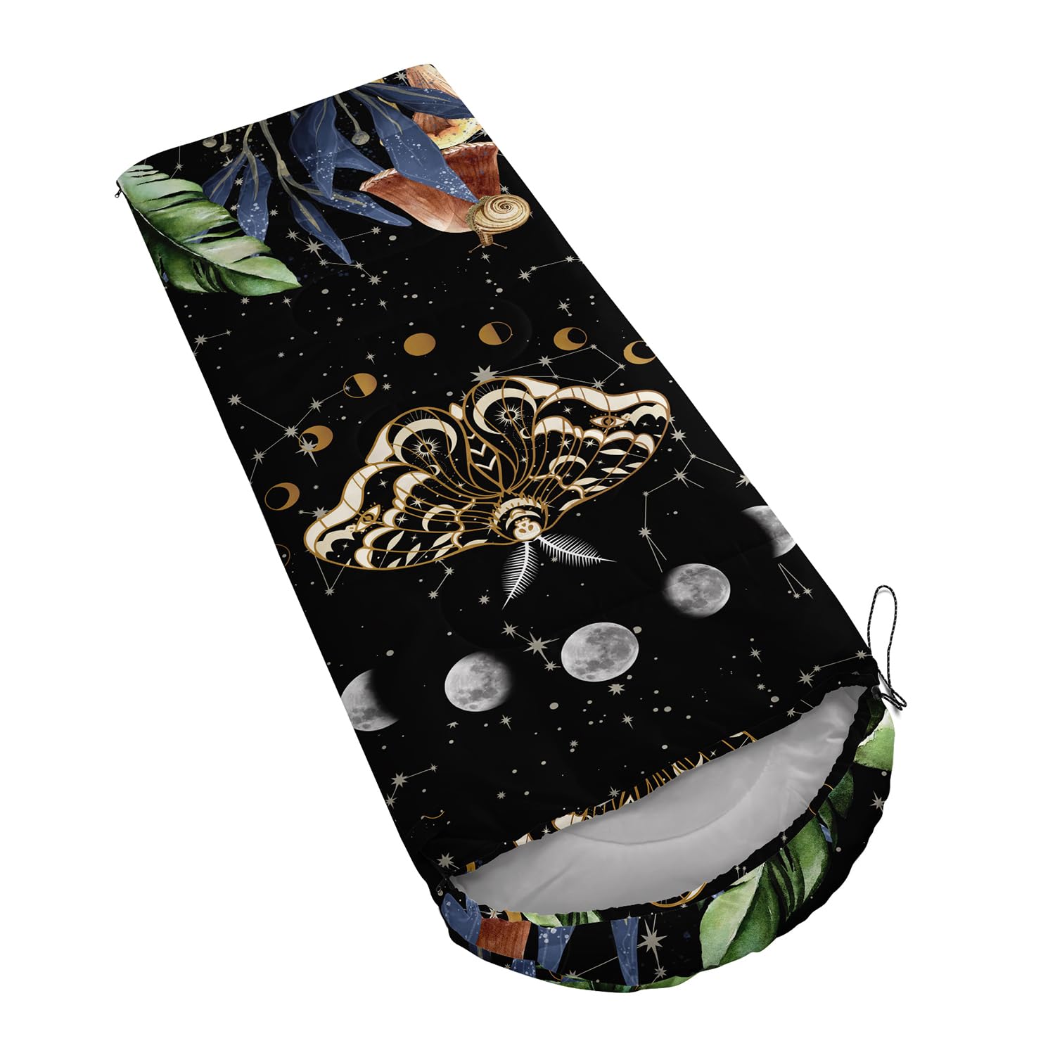 CVHOUSE Sun and Moon Death Moth sleeping bag hooded closure, keeps warmth secure during chilly nights.