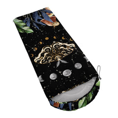 CVHOUSE Sun and Moon Death Moth sleeping bag hooded closure, keeps warmth secure during chilly nights.