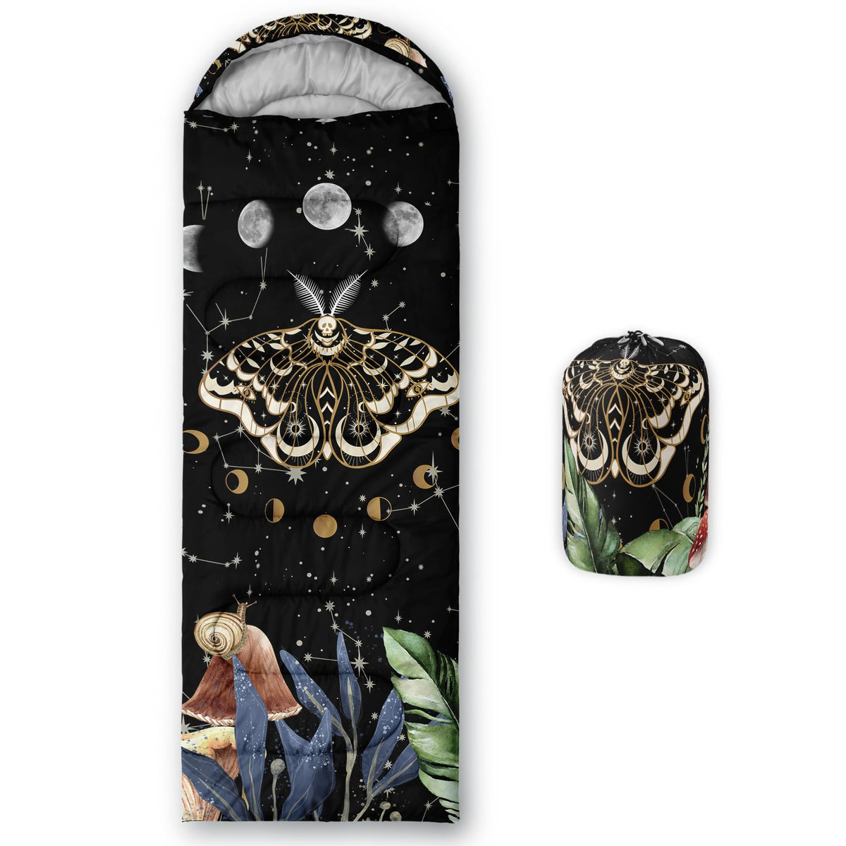 CVHOUSE Sun and Moon Death Moth sleeping bag front view, ideal for three-season camping adventures.