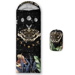 CVHOUSE Sun and Moon Death Moth sleeping bag front view, ideal for three-season camping adventures.
